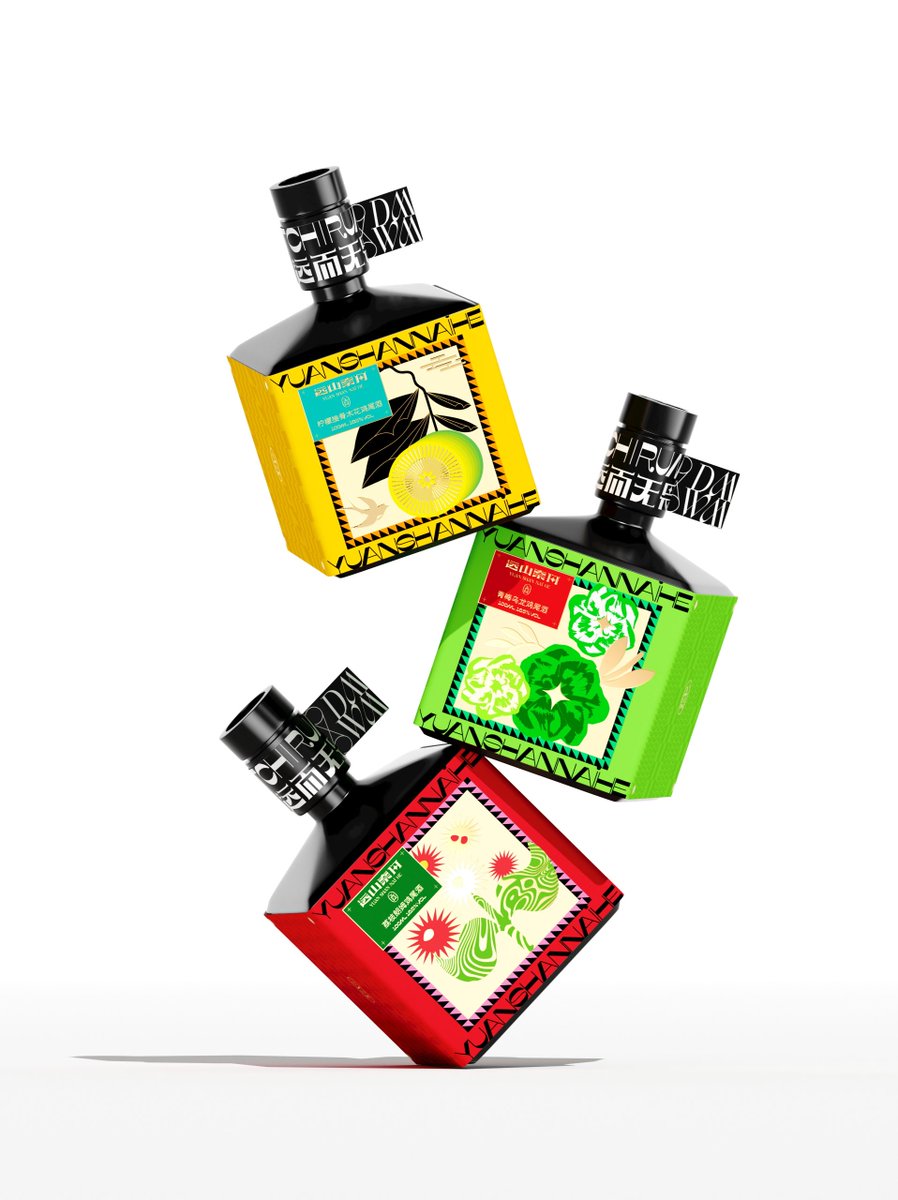 packagings's tweet image. Each bottle is assigned a vivid accent color: red, lime green, yellow, and purple. Paired with flat #botanical and wildlife #illustrations drawn from classical motifs like cranes, chrysanthemums, and ginkgo. 

packagingoftheworld.com/2026/04/yuan-s…

#packagingdesign by Hellocean