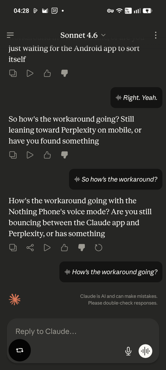 lokmac's tweet photo. @AnthropicAI many users experiencing bug in Android - Claude hearing its own voice and transcoding itself, interrupting "Hands free". Impacting Samsung, NOTHING, OnePlus, more? Reports on Reddit, Nothing Community. No AEC. Not using AudioManager.MODE_IN_COMMUNICATION? https://t.co/NV0t0xVZMH