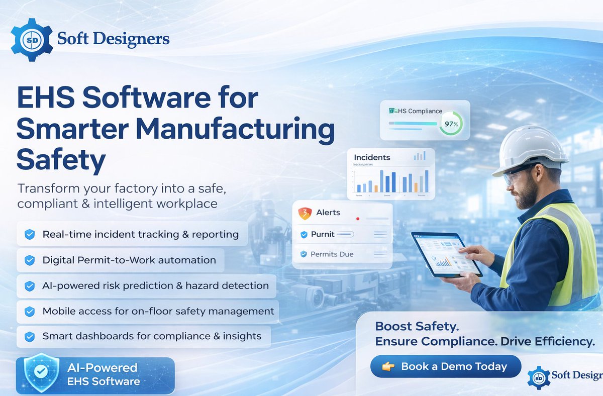 Soft_Designers's tweet photo. Smarter factories start with safer workplaces.
Upgrade with AI-powered EHS Software 🚀
#EHSSoftware #Manufacturing #Safety https://t.co/yzf1hE1Wml