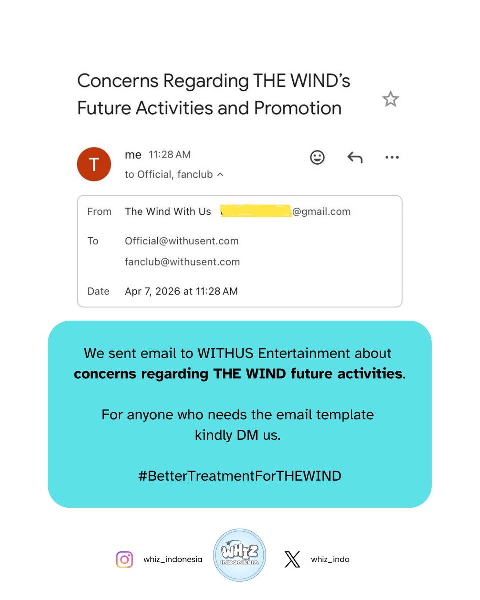 We sent email to <a href="/WITHUS_ent/">WITHUS</a> about concerns regarding <a href="/officialTheWind/">더윈드 (The Wind)</a> future activities. For anyone who needs the email template kindly DM us. 

#BetterTreatmentForTHEWIND