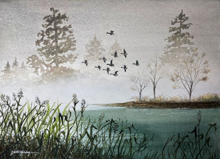 BrettGordon3's tweet photo. Art of the Day! "Serene Misty Lake with Birds". Buy at: https://t.co/AG3xd6KrN9 https://t.co/ocT5WaBL5L