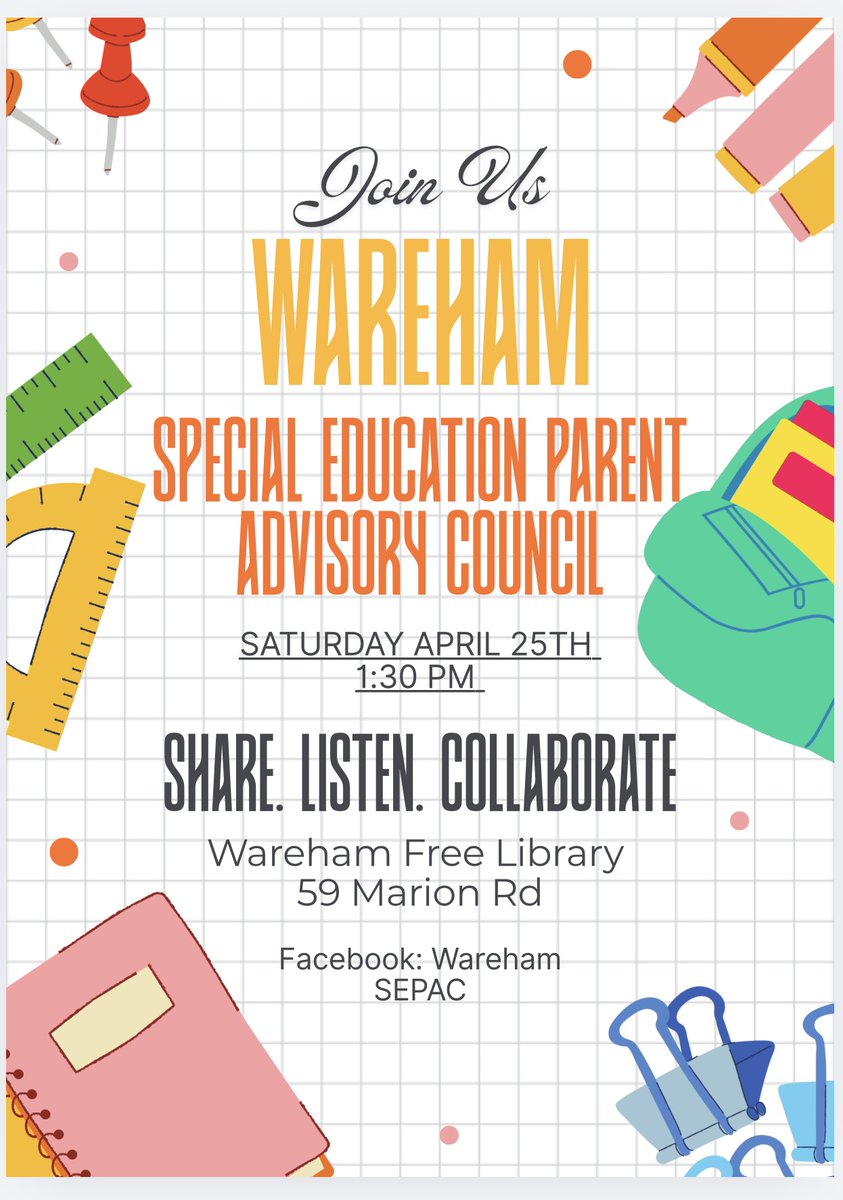 WarehamPS's tweet photo. Wareham Special Education Parent Advisory Council (SEPAC) Meeting on Saturday, April 25, 2026 at 1:30 pm.  Location Wareham Free Public Library, 59 Marion Road.
Share. Listen. Collaborate.
Follow on Facebook: WarehamSEPAC https://t.co/a4t4rLx4IF