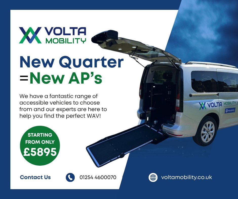 Volta_Mobility's tweet photo. ✨NEW QUARTER means NEW AP's and this quarter they are lower than ever! ✨

Starting from ONLY £5,895, we have a range of Wheelchair Accessible Vehicles listed on the Motability Scheme. 

So, If you’re looking to get ready for summer with a brand-new WAV, contact us today! https://t.co/YYUOIRe405
