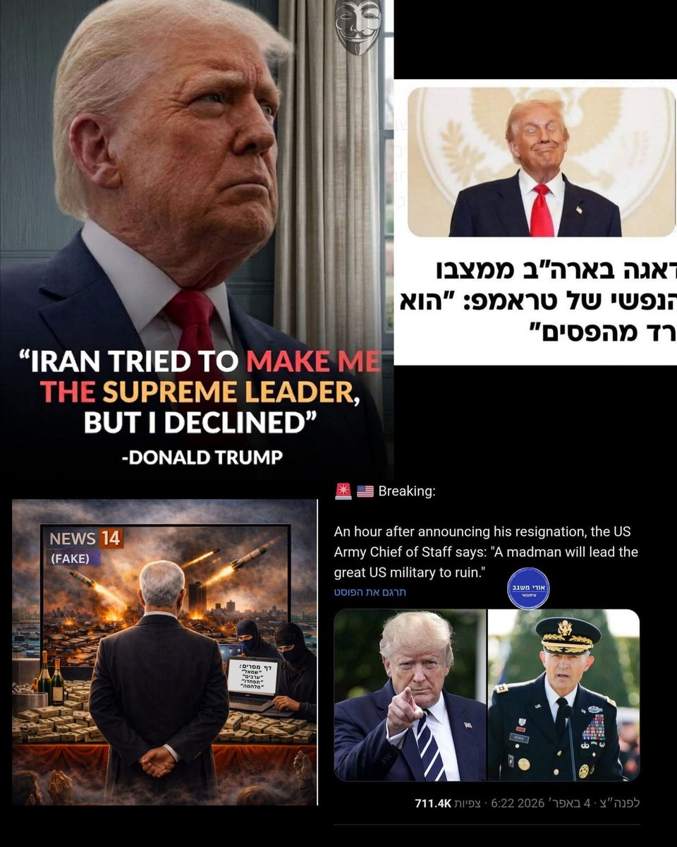 אחד משני הפסיכופתים שבגללם אנחנו רצים למקלט עשר פעמים ביום, מופגזים, לא עובדים, לא לומדים ובדרך לקריסה מוחלטת - הוא אדם שכנראה איבד סופית את השפיות:

1. טראמפ אומר שהאיראנים הציעו להפוך אותו ל"מנהיג העליון" שלהם. בחיי. אמיתי לגמרי.

2. ראש המטה הכללי של צבא ארה"ב, אדם בדרגת גנרל,