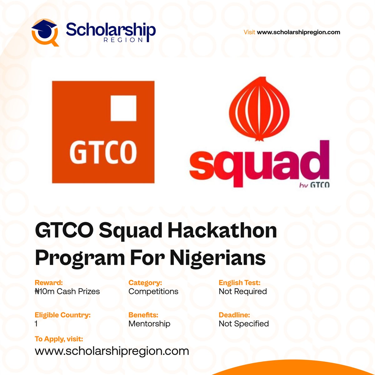 scholarsregion's tweet image. Still Active!

GTCO Squad Hackathon Program For Nigerians | ₦10m Prizes
 
Host Country: Nigeria

Benefits:
⭐₦10 million Cash Prizes and Mentorship
✅Publicity

Category: Competitions
Eligible Country: Nigeria
Deadline: Not Specified

Click the link below to apply📌