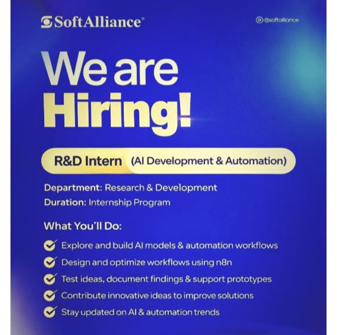 amosuibk's tweet image. SoftAlliance Resources Limited is seeking a fresh and skilled graduate for a 6-month internship role for an R&amp;amp;D Intern (AI Development and Automation - Lagos

⏳Contract: Internship Program
Duration: 3–6 Months
Stipend: ₦138,000 per month
Department: Research &amp;amp; Development (R&amp;amp;D)