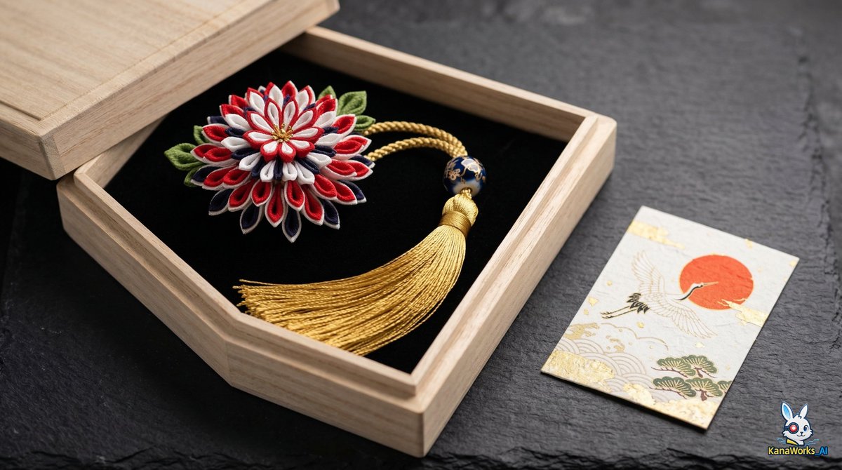 KanaWorks_AI's tweet image. Prompt Share 114- つまみ细工
Image : Nanobanana 2   
made in @Hailuo_AI
Prompt
Japanese traditional handmade accessory product photography, an elegant Tsumami Zaiku fabric flower ornament shaped like a chrysanthemum, made from layered folded fabric petals in white, red, and dark