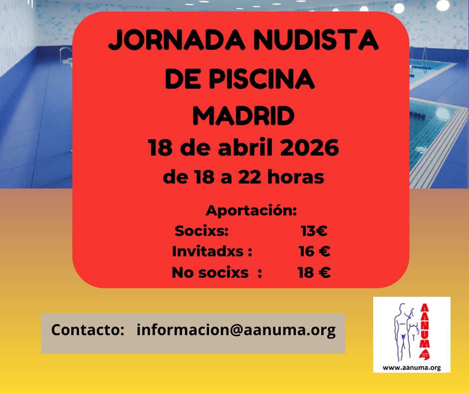 Después de las fiestas de Pascua, volvemos a organizar nuestra jornada nudista de piscina
Sábado 18 de abril o desde las 18:00 hasta las 22:00 horas.

Más información en nuestra web.
#aanuma #planesnudistas #nudismoenmadrid #nudismo #naturism #nudism