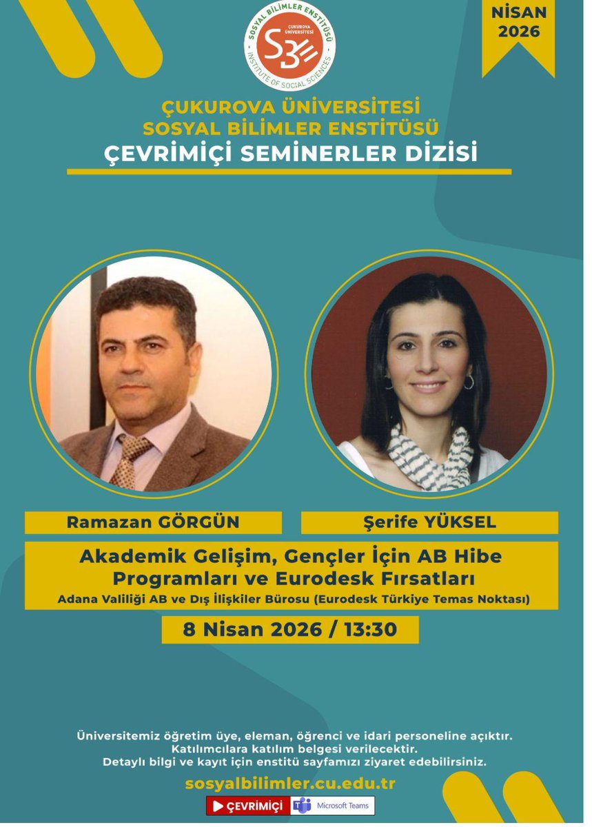 adana_ab's tweet photo. #eurodesktemasnoktası olarak Ç.Ü.Sosyal Bilimler Enstitüsü Çevrimiçi Seminerler Dizisi kapsamında;Akademik gelişim, Gençler için Ab Hibe Programları ve Eurodesk fırsatları ile ilgili Çevrimiçi bilgilendirme buluşmasındayız
@eurodesktr 
@abbaskanligi 
@ulusalajans 
#timetomove2026 https://t.co/WebT7EcVOn