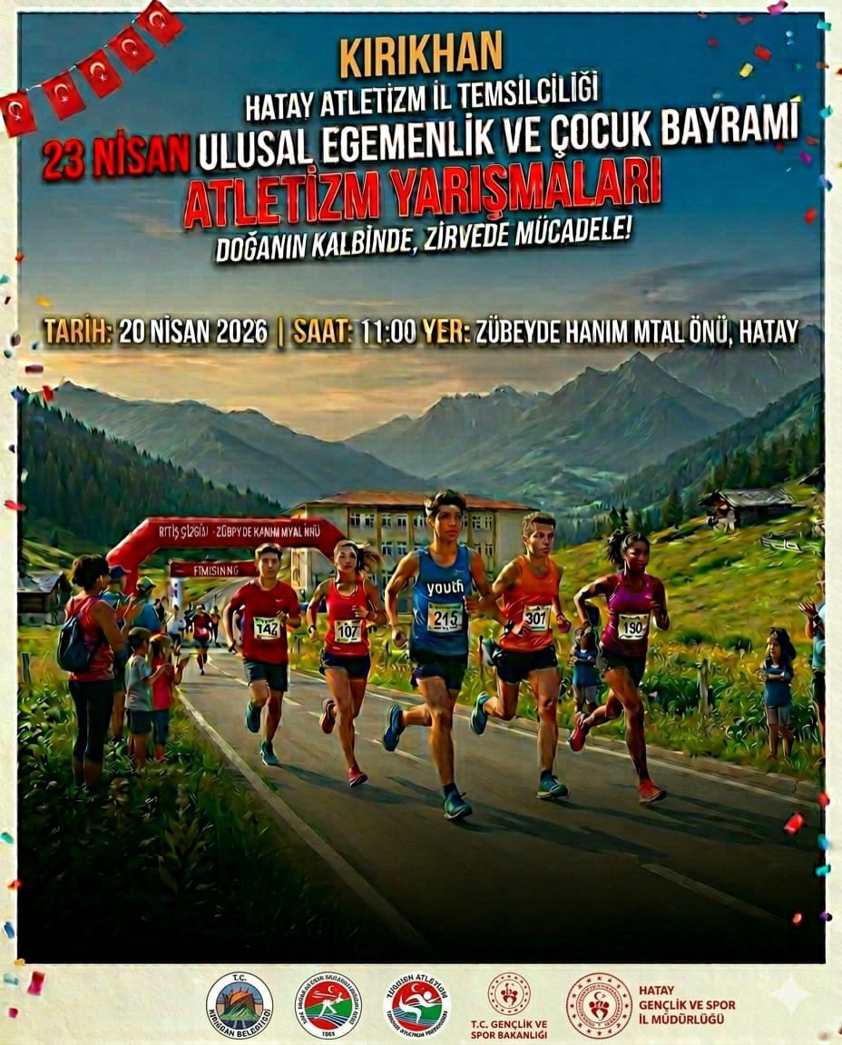 🇹🇷23 NİSAN ULUSAL EGEMENLİK VE ÇOCUK BAYRAMI ATLETİZM YARIŞMALARI 

Hatay Atletizm İl Temsilciliği tarafından Kırıkhan'da 23 Nisan Ulusal Egemenlik ve Çocuk Bayramı Atletizm Yarışmaları düzenlenecektir. 

🗓️Tarih: 20 Nisan 2026 
🕚Saat: 11.00 
📍Yer: Zübeyde Hanım MTAL Önü
