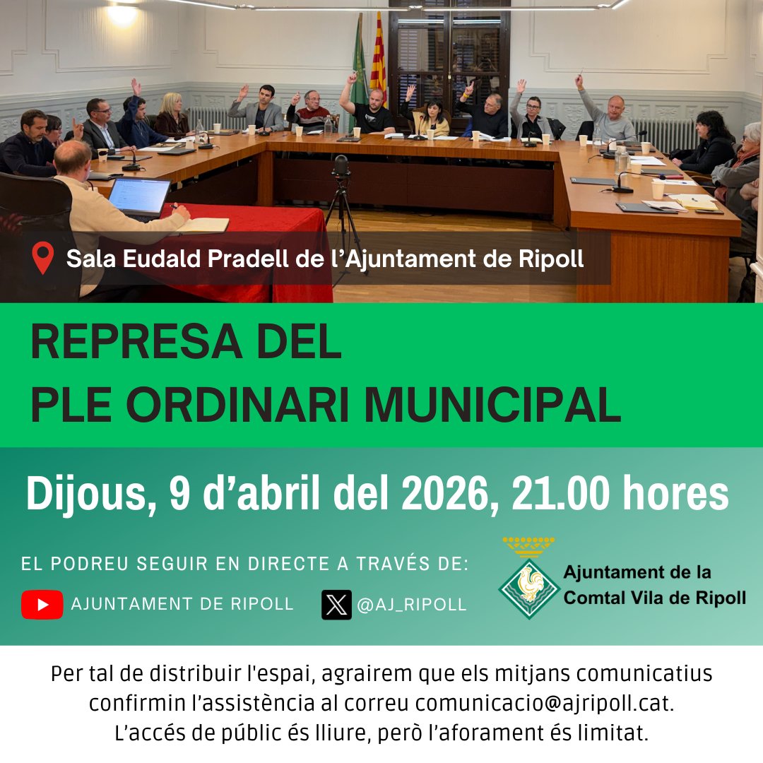 Aj_Ripoll's tweet photo. ℹ️ Represa del #PleRipoll ordinari del mes de març, amb el debat dels punts que es detallen en el comunicat.
🗓️ Dijous, 9 d'abril
🕒 21.00 h
📍 Sala Eudald Pradell #AjRipoll
🔗 Es podrà seguir en directe a través del canal de YouTube institucional: https://t.co/tStcnun2Nt https://t.co/EMrXDKlcid