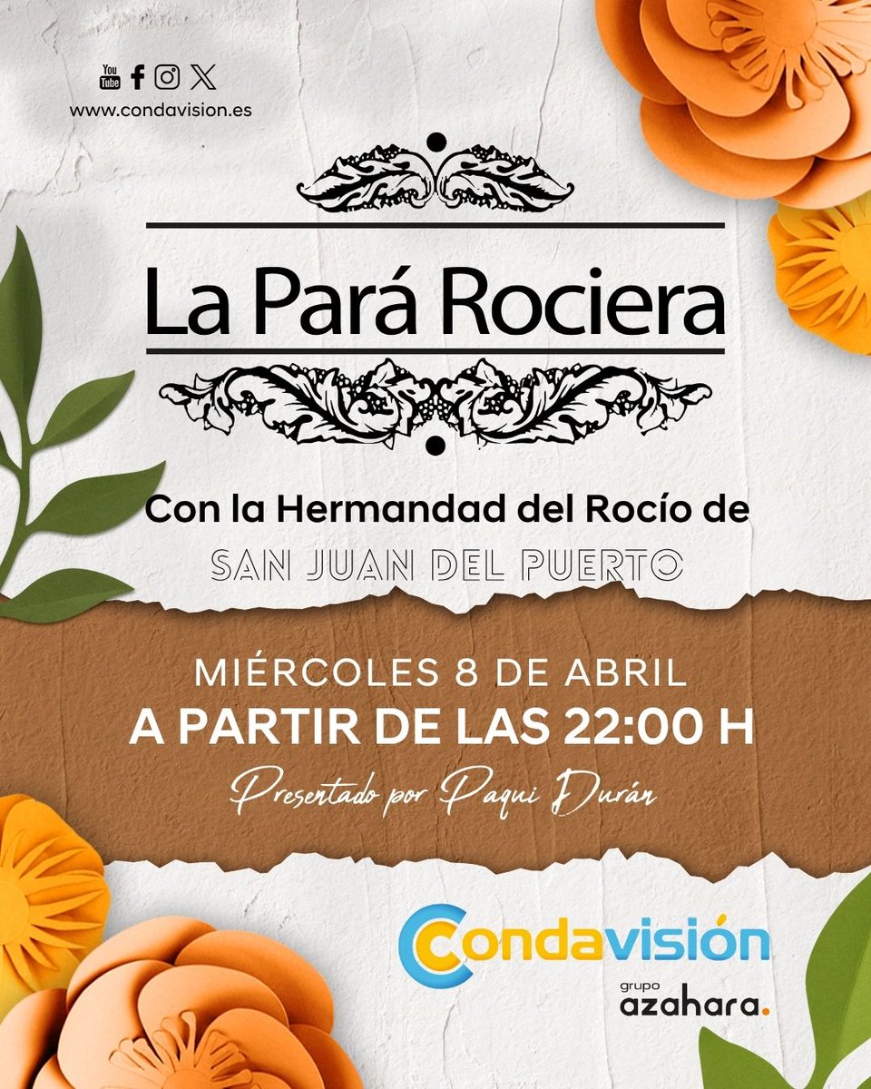 Condavision's tweet image. 🙏 | Esta noche tienes cita pendiente con nosotros a las 22.00 horas en la #LaParáRociera

El espacio presentado por nuestra compañera Paqui Durán en el que daremos protagonismo a la Hermandad del Rocío de San Juan del Puerto. ✨️

#Condavision #LaParáRociera #SanJuan