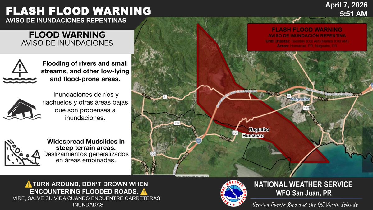 NWSSanJuan's tweet photo. 5:50 AM | Apr7
🚨 Flash Flood Warning for Humacao and Naguabo until 8:00 AM AST
🚨 Aviso de inundaciones repentinas para Humacao y Naguabo hasta las 8:00 AM AST
📍 Areas: along Rio Blanco
🔗 https://t.co/53LEzNmz7I
#FlashFloodWarning #PRwx https://t.co/1cWJWMAJNU
