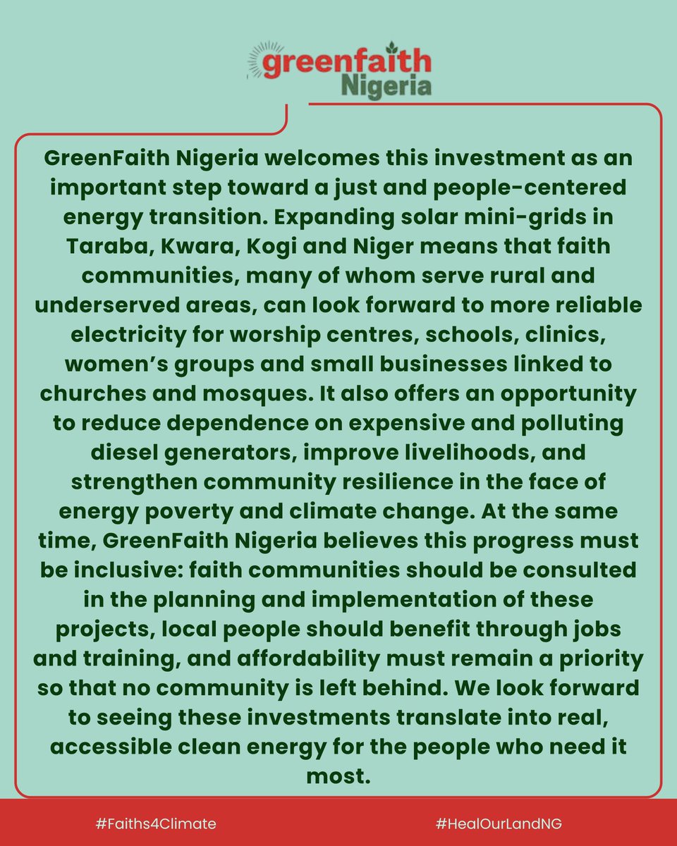 greenfaithng1's tweet photo. As this transition unfolds, we look forward to seeing faith communities included, empowered, and benefiting from a just and people-centered shift to renewable energy.
#Faiths4Climate
#HealOurLandNG
#AWFE
#RenewableEnergy https://t.co/SxZdmAbMEK