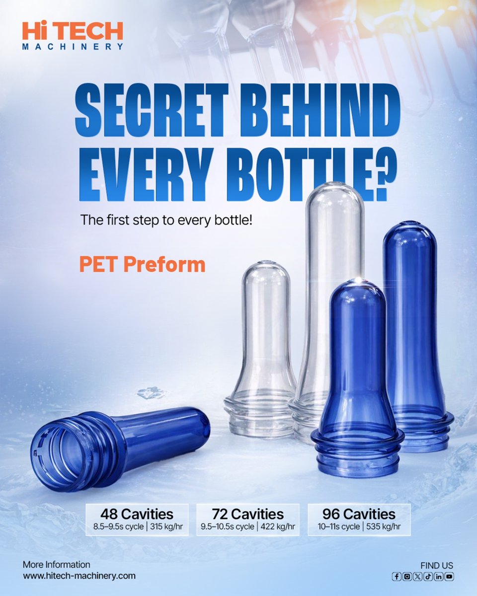hitech_machine1's tweet photo. PET Bottle Preform Production

HiTech Machinery highlights the critical role of high-speed PET preform production in determining bottle quality and output with scalable setups for modern Industry needs.

#PETPreform #BottleManufacturing #InjectionMolding  #PlasticManufacturing https://t.co/195P05UD9P