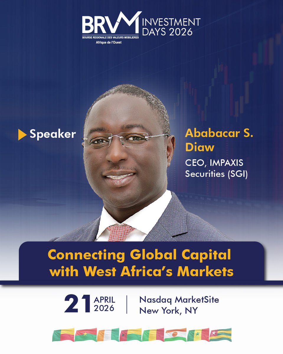BRVM_UEMOA's tweet photo. La BRVM vous donne rendez-vous à BRVM Investment Days 2026 pour une rencontre stratégique entre investisseurs internationaux et opportunités africaines.
📍 L’événement se tiendra au Nasdaq MarketSite
📅 21 avril 2026 https://t.co/PeRWspwamm