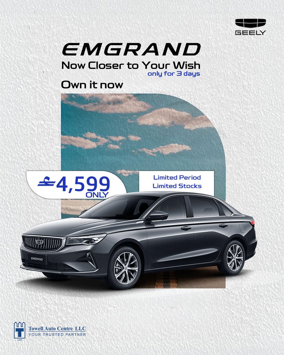 Geely_Oman's tweet photo. سيارة Geely Emgrand الحين متوفرة بسعر  4,599 ريال عُماني.
إذا كنت تدور على سيارة تجمع بين الشكل الأنيق والسعر المناسب، هذا هو الوقت الصح.
 العرض لمدة 3 أيام فقط.. لا تفوتك الفرصة!

سارعوا اليوم الكمية محدودة
 يسري العرض من 6 أبريل حتى 8 أبريل 2026
 زورونا أو اتصلوا على 94440666
 احجز تجربة القيادة الآن!

The Geely Emgrand is now available starting from OMR 4,599.
If you’re looking for a car that combines stylish design with an affordable price, this is the right time.
Offer valid for 3 days only — don’t miss this opportunity!
 
Hurry, limited stock available
Offer valid from 6 April to 8 April 2026
Visit us or call 94440666
Book your test drive now!

#Geely #GeelyOman #DriveGeely #OmanRoads #GeelyEmgrand