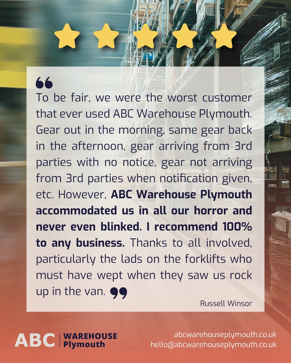 ABCWarehousePly's tweet image. “We were the worst customer… and they never even blinked.”

That’s the standard at ABC Warehouse Plymouth 💪
Flexible, no-fuss storage when you need it.

#warehousestoragePlymouth #flexiblestorage #palletstorage #businessstorage #logisticssupport