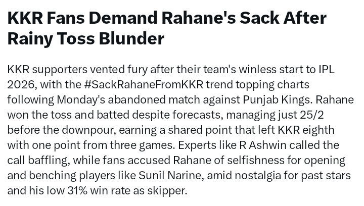 Saawan_KKR's tweet photo. SACK RAHANE FROM KKR 💜🏏 https://t.co/paqGdSDpFm