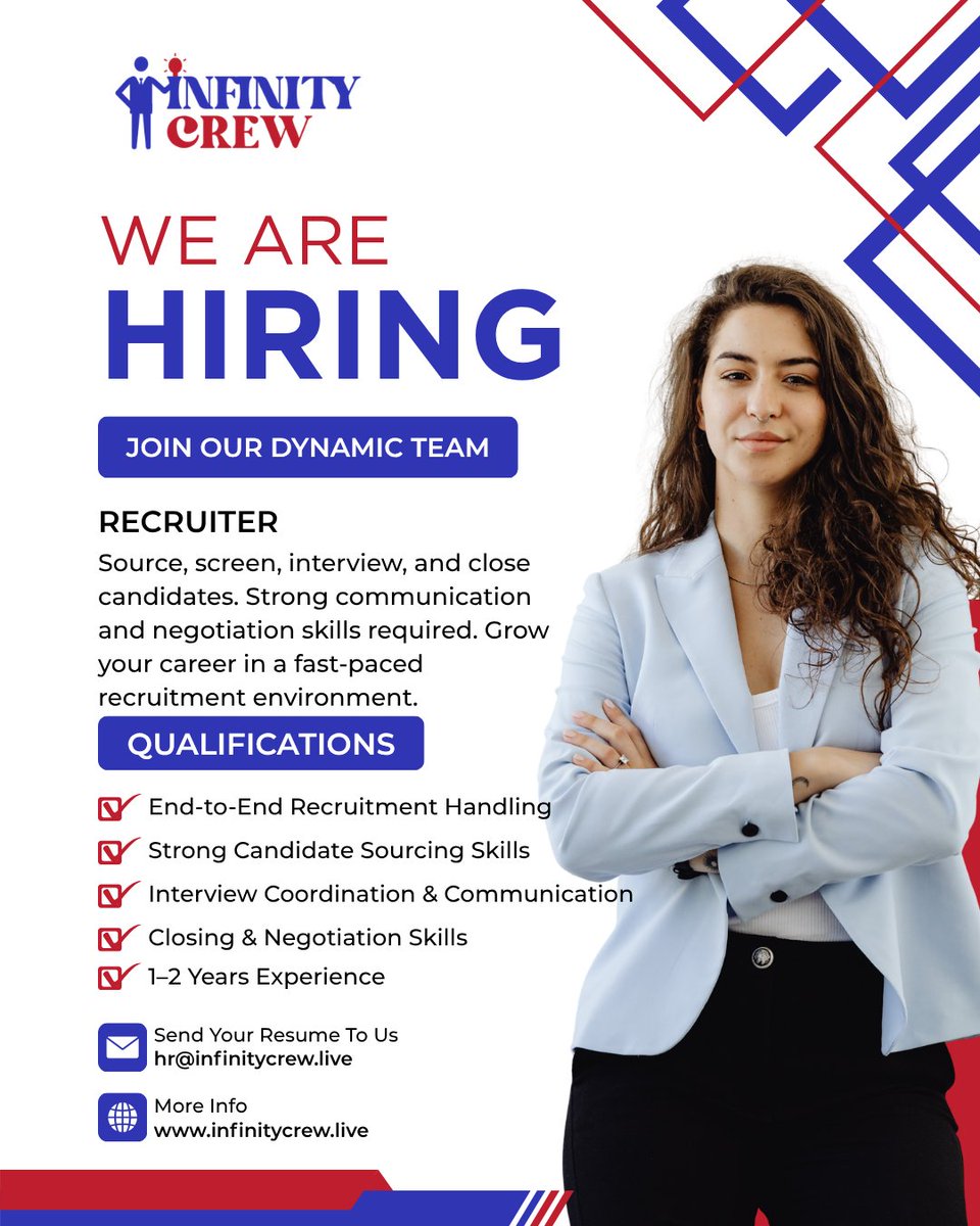 InfiinityCrew's tweet photo. We Are Hiring – Recruiter (1–2 Years Experience)
We are looking for a passionate Recruiter to join our dynamic team!
📩 Send your resume:hr@infinitycrew.live

#Hiring #RecruiterJobs #HRJobs #TalentAcquisition #Recruitment #HiringNow #JobsInIndia #CareerGrowth #InfinityCrew https://t.co/MMImi7NlvI