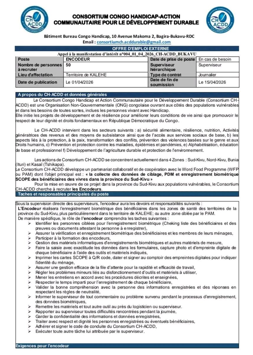 #Offre_Emploi Pour la mise en œuvre de son projet dans le territoire de ...