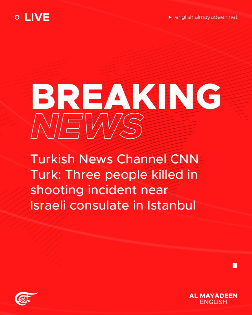 MayadeenEnglish's tweet image. Turkish News Channel CNN Turk reported that three people were killed in a shooting incident near the Israeli consulate in #Istanbul.

Reuters reported, citing the Turkish state broadcaster, that two policemen were injured in the shooting incident.

#Turkey