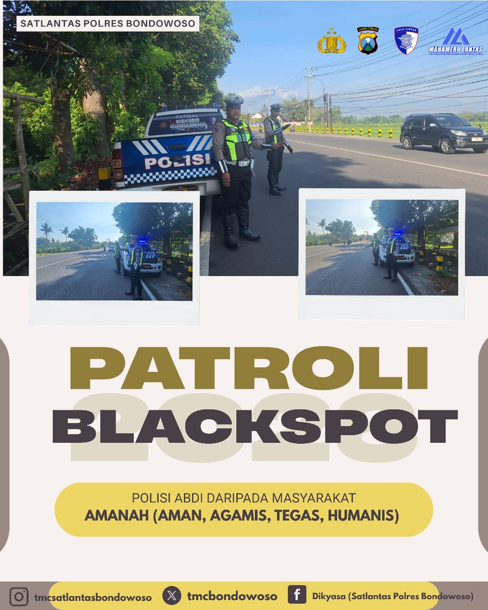 tmcbondowoso's tweet image. Anggota Satlantas Polres Bondowoso melaksanakan Patroli Blackspot atau rawan kecelakaan guna kondusifitas kamseltibcar lantas di wilayah hukum Polres Bondowoso
#polisi #ditlantaspoldajatim 
#humaspoldajatim 
#poldajatim 
#bondowoso