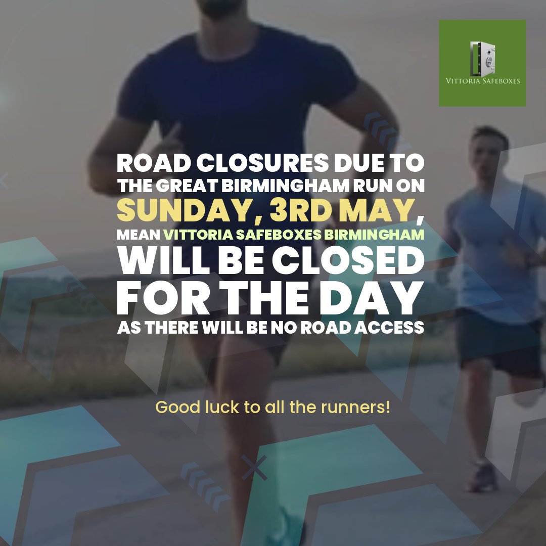 SafeBoxesLtd's tweet photo. ** Closed Sunday 3rd May 2026 **
Road closures due to The Great Birmingham Run on Sunday, 3rd May, mean Vittoria Safeboxes Birmingham will be closed for the day as there will be no road access. Good luck to all the runners! https://t.co/t9uylaPNPF