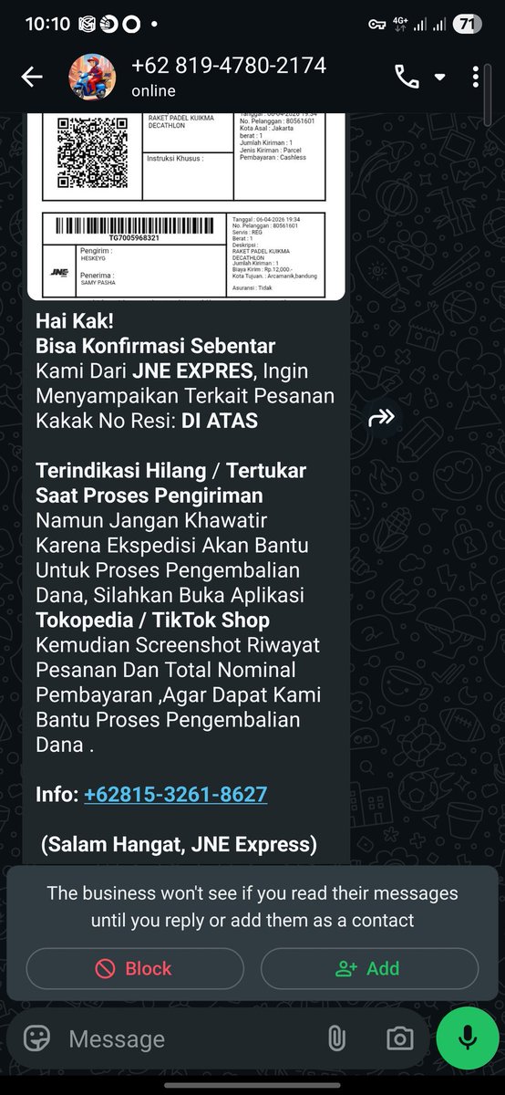 samipasha's tweet photo. @JNECare min saya dapet wa seperti ini apakah benar? https://t.co/ASPwEjmDmd
