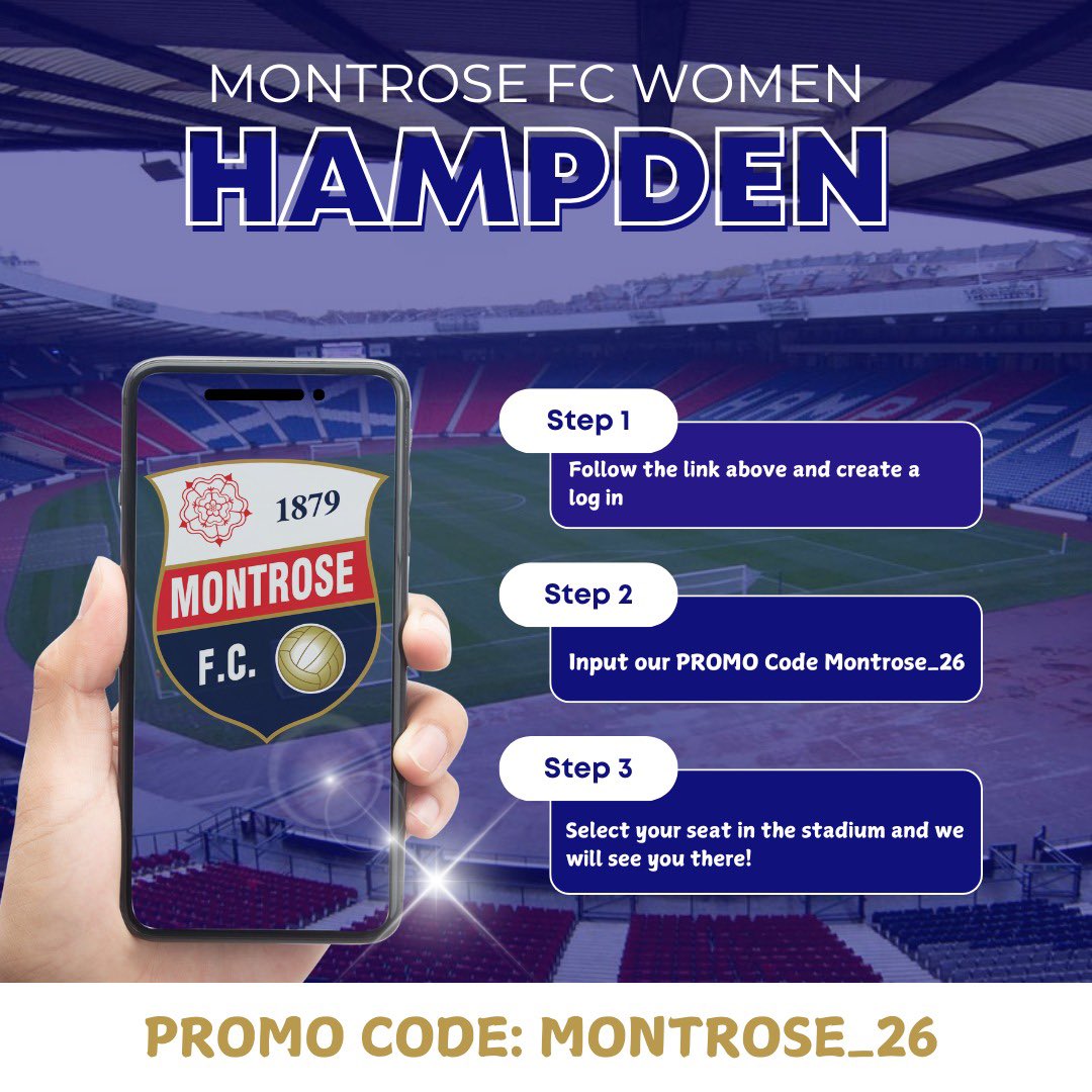 MontroseFCW's tweet photo. 🎟️ Hampden tickets are LIVE!

The moment is here MO fans, secure your seat at Hampden now! 

Create an account: https://t.co/9YGO9ksHBe

Search promo code: Montrose_26

Get your seat, bring the noise, and back the Mo! 💙 https://t.co/Lp4nWfoosy