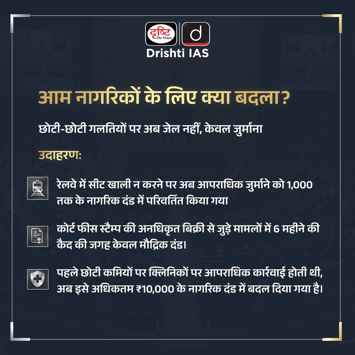 drishtiias's tweet image. जन विश्वास (प्रावधानों का संशोधन) विधेयक, 2026 भारत की नियामक व्यवस्था को सरल और नागरिक-केंद्रित बनाने की दिशा में एक बड़ा कदम!
.
#JanVishwasBill #Governance #EaseOfDoingBusiness #EaseOfLiving #IndianPolity #Reforms #LawReform #DrishtiIAS