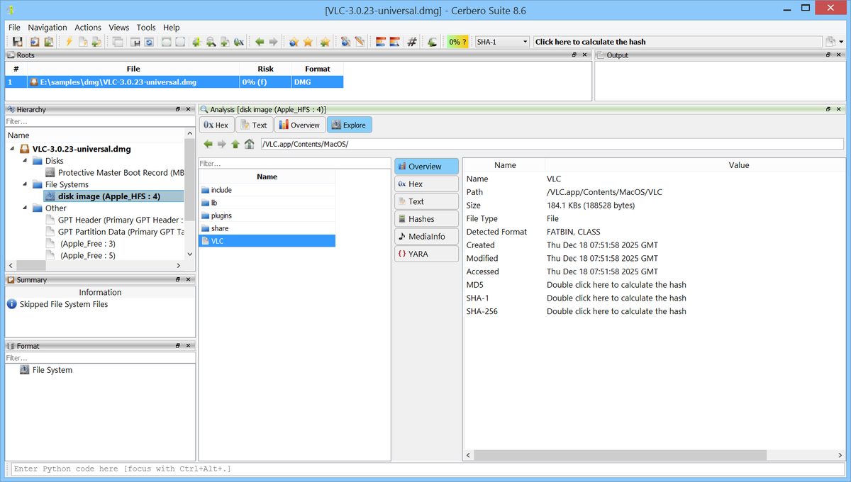 cprofiler's tweet photo. 📦 We are happy to announce support for Apple Disk Image (DMG) files. The new DMG Format package lets you inspect and extract the contents of DMG images directly within the application. DMG is Apple's native disk image format, widely used for distributing macOS software. A DMG file packages one or more partitions, each typically containing a file system such as APFS or HFS+. The data within these partitions is often compressed using algorithms like zlib, bzip2, LZFSE, LZMA, or ADC to reduce file size. Some DMG files are also encrypted with AES-128 or AES-256, requiring a password to access.

Having native DMG support in Cerbero Suite means analysts can examine macOS disk images encountered during forensic investigations, malware analysis, or software distribution review. Combined with our existing APFS and HFS+ support, this provides a complete pipeline for going from a DMG file all the way down to individual files within an APFS and HFS+ volumes.