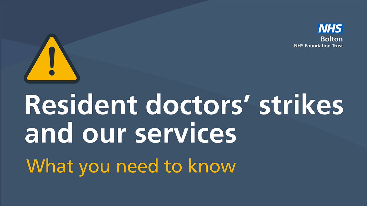 boltonnhsft's tweet photo. Resident doctors are taking part in industrial action until Monday 13 April. 

Urgent and emergency care will be prioritised. 

If you need non-urgent medical advice, continue to use https://t.co/uNq2Yi1HKM. 

📲 https://t.co/Vwuu8tmX3F https://t.co/4jsGz5YS70