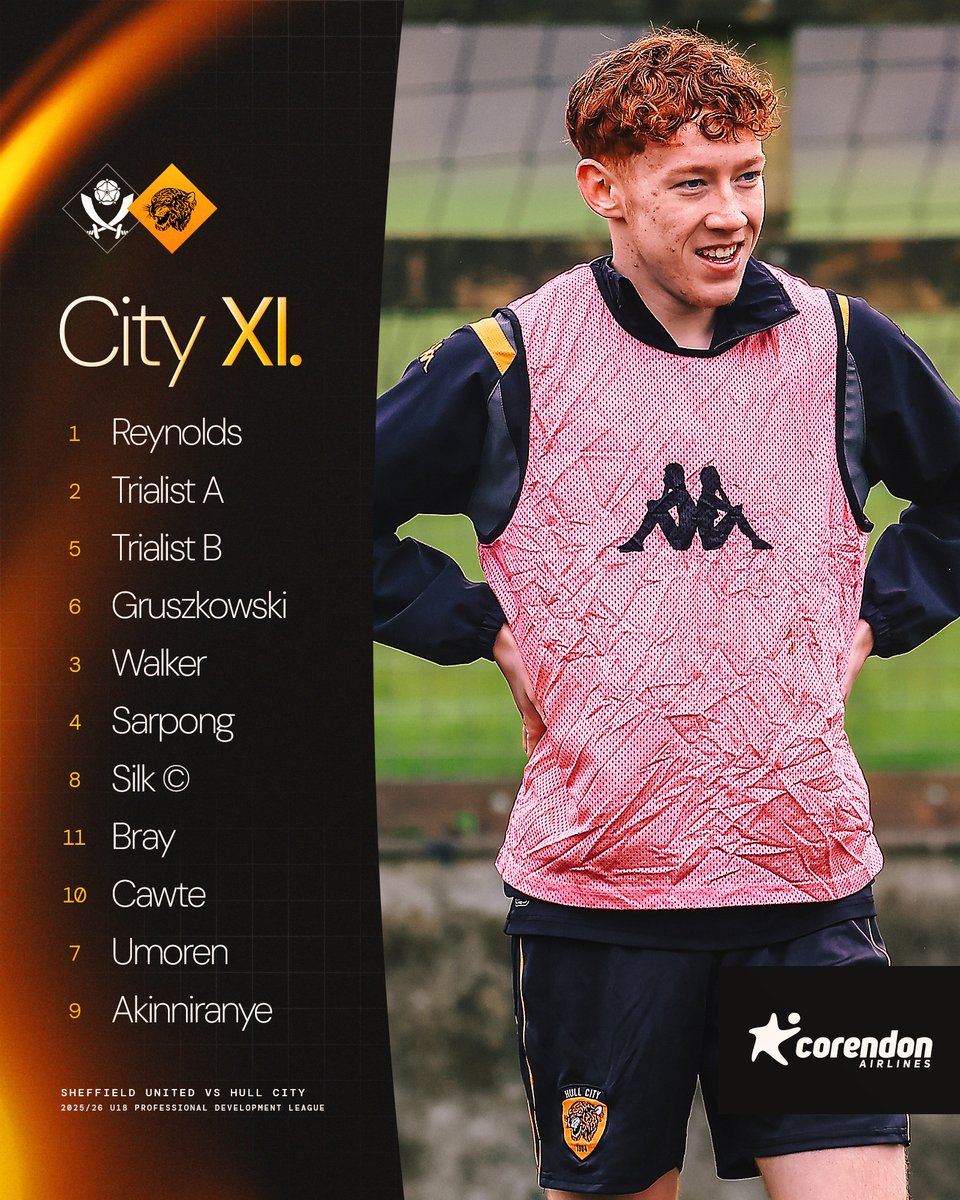 HullCityAcademy's tweet photo. Here is how the Under-18s line-up against Sheffield United in the #U18PDL. 📝

Subs: Hopper (GK), Edey, Trialist C, Trialist D, Gomeniuk. 🔁

#hcafc #hcafcU18 https://t.co/KAK1rDKaz7