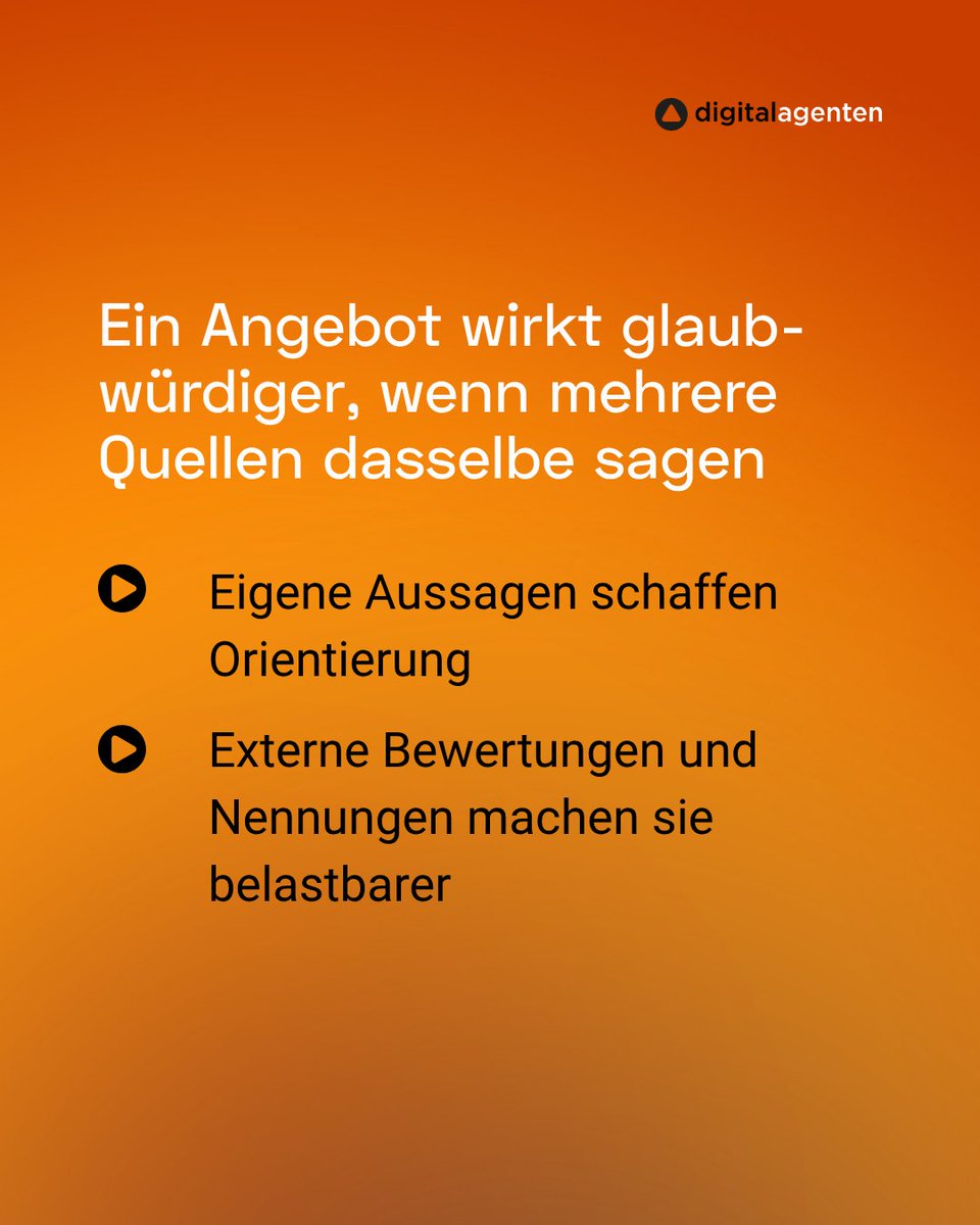 digitalagenten's tweet photo. Vertrauen wächst, wenn Website, Reviews und externe Erwähnungen dieselbe Positionierung stützen. Genau daraus entsteht stärkere Relevanz. Klare Inhalte, gute Zugänglichkeit und glaubwürdige Bestätigung über mehrere Quellen machen Sichtbarkeit belastbarer. #DigitaleSichtbarkeit https://t.co/3EirxC8hti