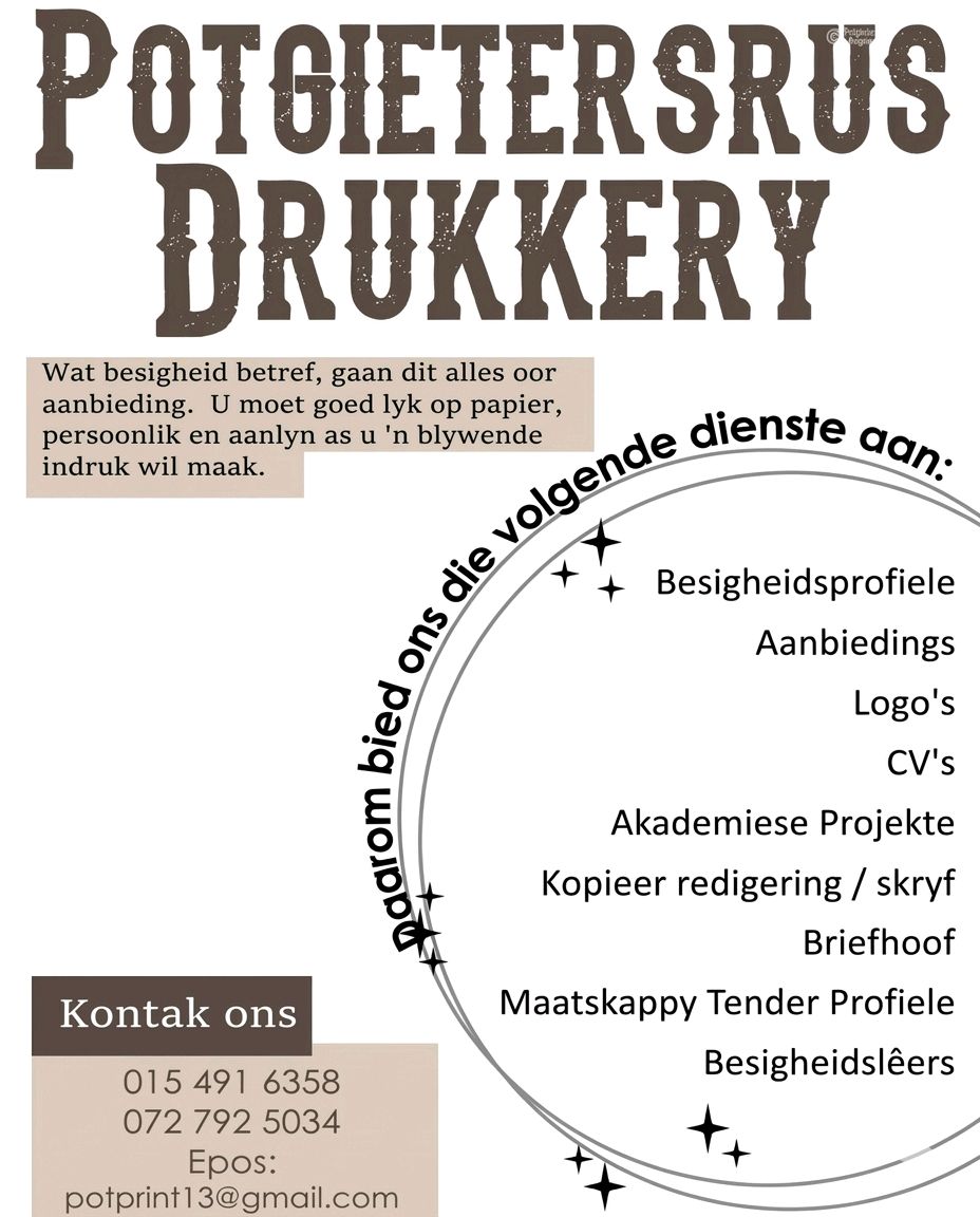 Pages_Potties's tweet image. 🖨️ First impressions matter! Potgietersrus Drukkery ensures your business shines with top-notch design and printing services. From business profiles to academic projects, we've got you covered! Call 015 491 6358 today! #DesignExcellence #PrintLocal