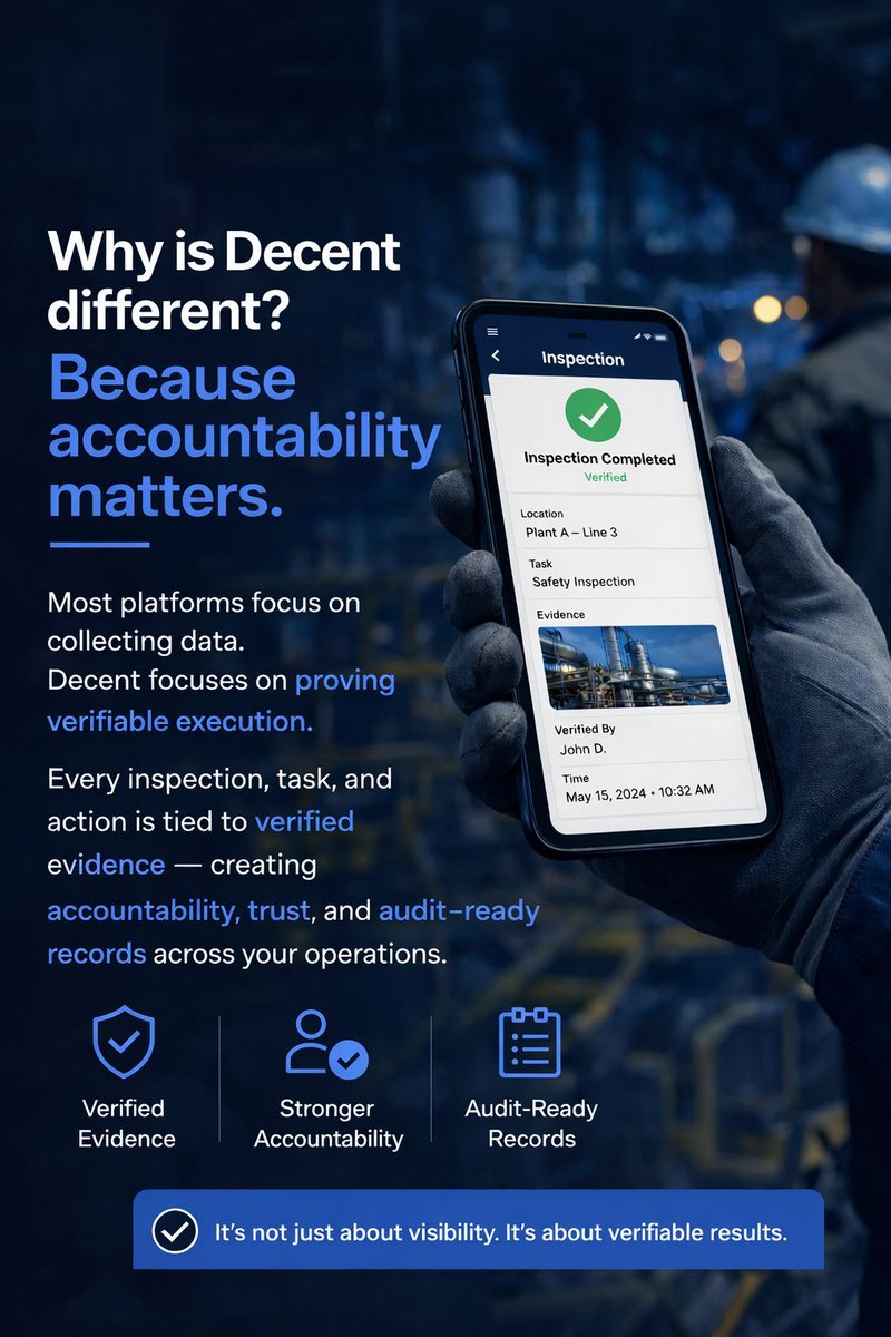 decenthands's tweet photo. Why is Decent different? Because accountability matters.
Most platforms collect data. Decent proves execution. Every task is backed by verified evidence—building trust and audit-ready operations.

#Decent #AccountabilityMatters #ProvenExecution https://t.co/RabNxZAetJ