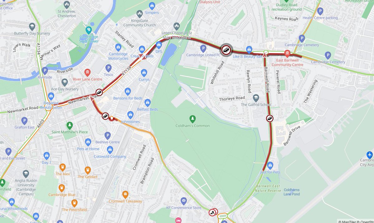 Cambs_Traffic's tweet image. ⚠️ #Cambridge 
#A1134 #Newmarket Road and Barnwell Road. 
Delays are building due to the closure of Coldhams Lane for emergency works by @CadentGasLtd.
Please plan your journey.