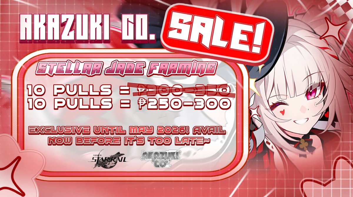 Akazuki_Co's tweet photo. Akazuki CO is officially back with an astonishing deal just for our fellow trailblazers!~ 😜⭐

For a measely price of ₱𝟮𝟱𝟬 - ₱𝟯𝟬𝟬 / $𝟲.𝟮𝟱 - $𝟳.𝟰𝟳 per 10 warps, it's your chance to finally get the Honkai Starrail character you've been wanting to pull for so long !! https://t.co/JoLh5AivHv