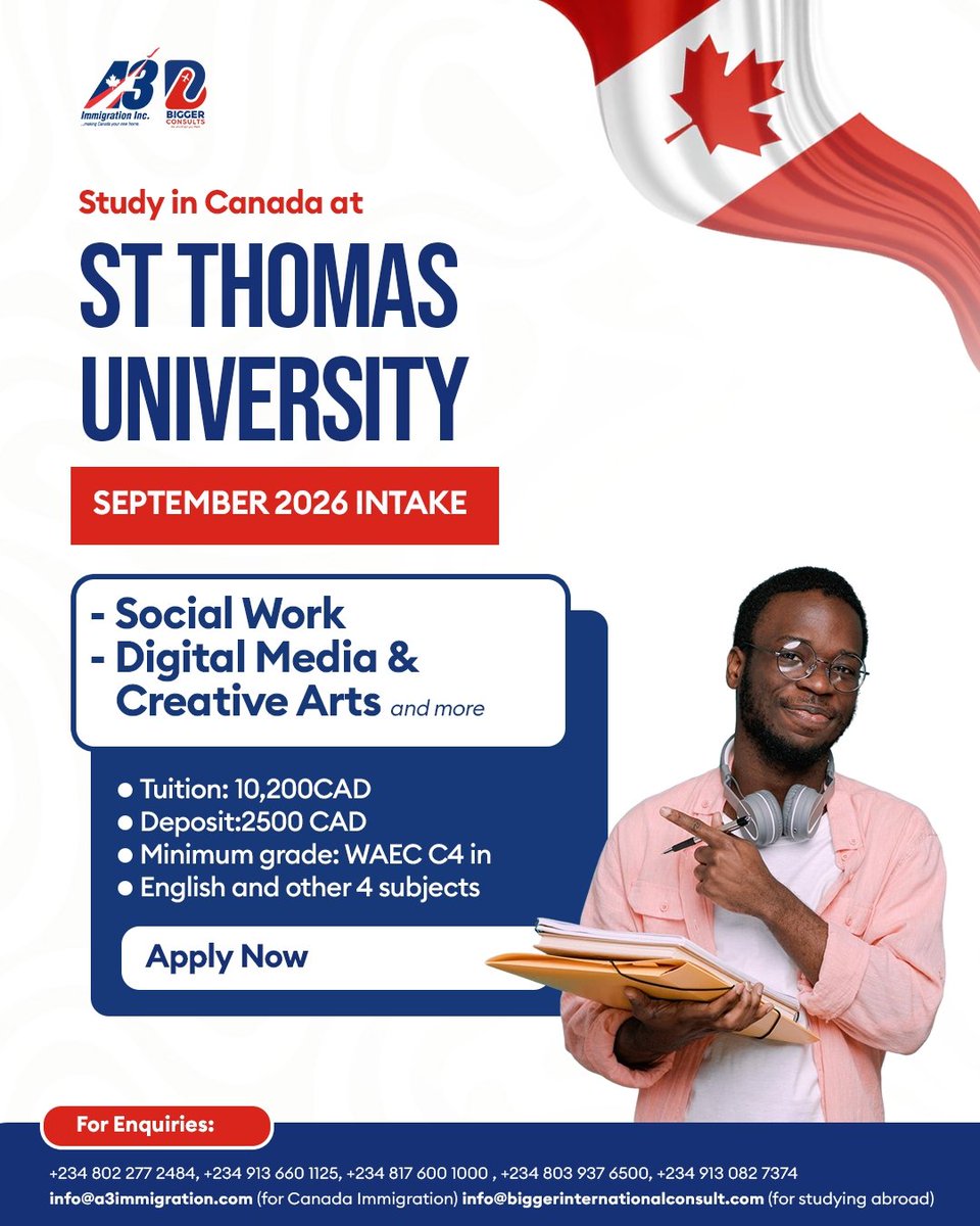 biggerconsult1's tweet photo. Want to study in Canada this year? St Thomas University is a great choice!

Tuition: 10200 CAD
Deposit: 2500CAD
Minimum grade: WAEC C4 in English and other 4 subjects https://t.co/G4GCg4dR1g