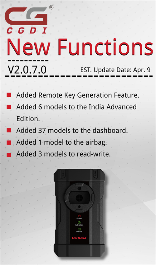 🔔🔔CG100X V2.0.7.0 Update: Add Wire/Wireless/NXP Smart Remote Generation🌟💔
eobdtool.co.uk/wholesale/cgdi…
CG100X V2.0.7.0 Update Info:
1️⃣Added 6 models to India Advanced Edition.
2️⃣Added 37 models to dashboard.
3️⃣Added 1 model to airbag.
4️⃣Added 3 models to read-write.