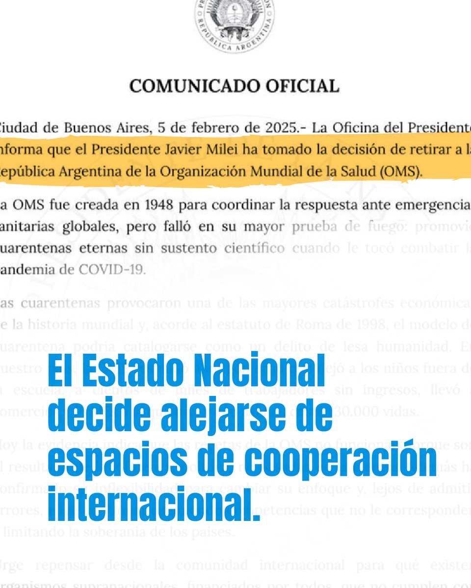 cgtoficialra's tweet photo. 🏥🌎 DÍA MUNDIAL DE LA SALUD

La salud no puede quedar librada al mercado ni al ajuste.

Cuando el Estado nacional se retira de los espacios de cooperación internacional, no se trata de una decisión técnica ni administrativa: es una definición política que debilita la capacidad de planificar, prevenir, investigar y garantizar acceso.

Eso significa menos información científica, menos prevención, menos participación en decisiones globales y menos herramientas para proteger la vida de nuestro pueblo trabajador.

Defender la salud es defender un modelo de país con Estado, con políticas públicas y con derechos.
Porque sin salud no hay trabajo digno.
Y sin decisión política, lo que avanza es el abandono.

La salud somos todos.
Y se defiende colectivamente. 🇦🇷

#DiaMundialDeLaSalud #CGT #Salud #SaludPublica #TrabajoConDerechos