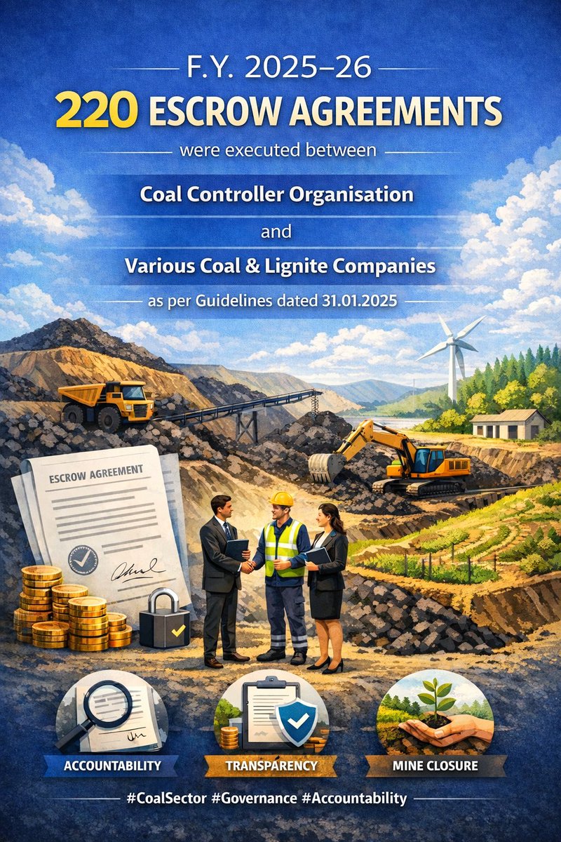 CCO_MoC's tweet image. In F.Y. 2025–26, a total of 220 escrow agreements were executed with various coal &amp;amp; lignite companies and Coal Controller Organisation, as per Guidelines dated 31.01.2025, ensuring accountability, transparency and responsible mine closure.
#Responsiblemining #Mineclosure #CCO