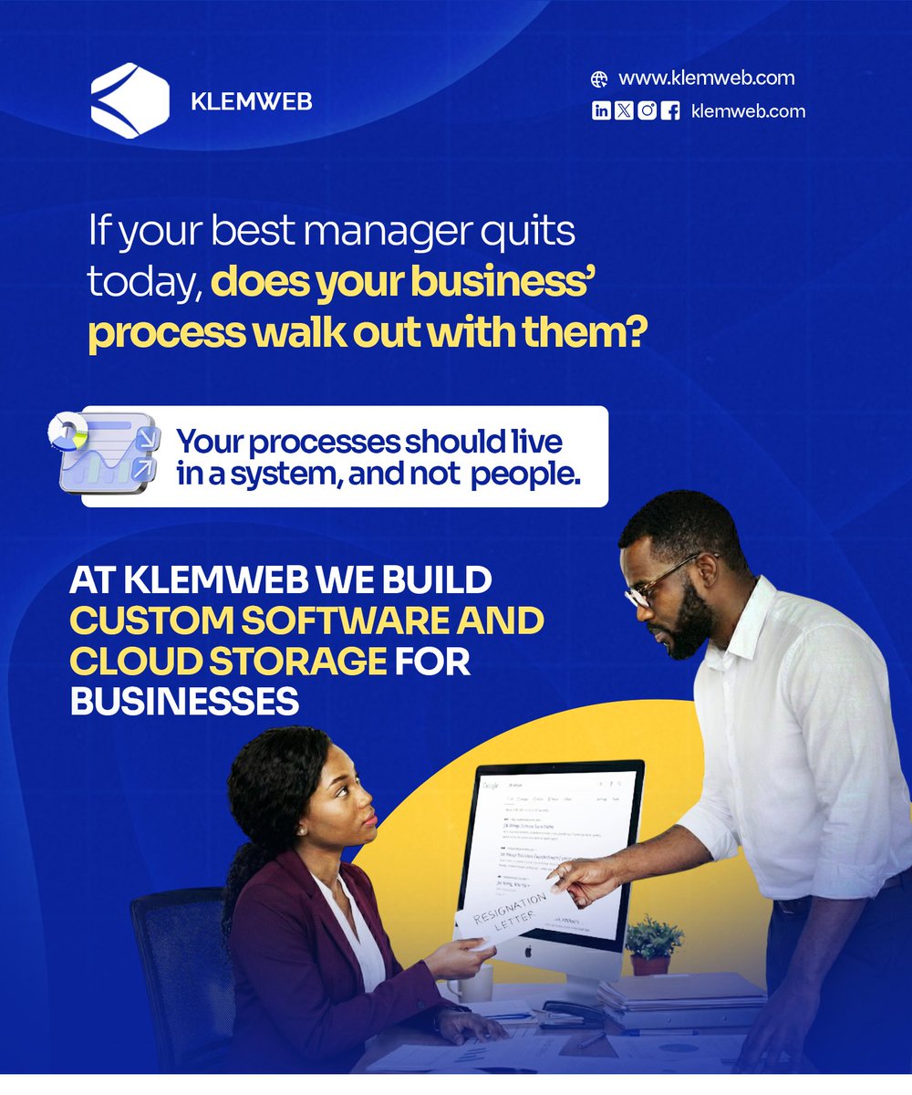 klemweb's tweet photo. Is your business's institutional knowledge in a system, or is it walking around on two legs? 

Your best manager just quit. And your entire process walked out with them.
🙄  

 #NigerianBusiness   #GrowthStage   #BusinessSystems   #HRNigeria   #ScaleUp   #KlemwebInsights https://t.co/X7oUIUWJrh