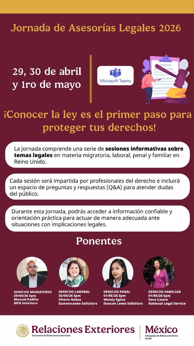 Embamexru's tweet photo. Querida comunidad 🇲🇽: Te invitamos a asistir a la Jornada de Asesorías Legales Externas #JALE de forma virtual💻el 29 y 30 de abril y 1 de mayo. 

¡Te ofreceremos información legal que facilite el conocimiento y el ejercicio de tus derechos!    

#ProtecciónPreventiva @vcalva https://t.co/0XIKnDN136