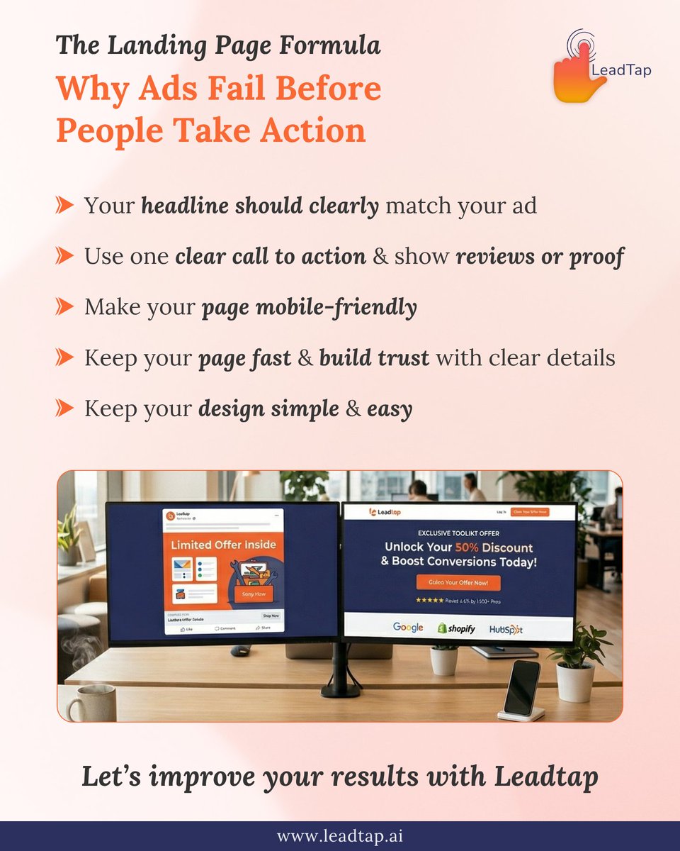 leadtapdigi's tweet photo. Many ads fail not because of the ad, but the landing page.

If your page doesn’t match your ad, you lose customers.

Fix it with:
✅ Clear headline
✅ One strong CTA
✅ Mobile-friendly design
✅ Fast, simple layout

Build pages that convert with Leadtap.

#LandingPage #Conversion https://t.co/GeBOZ4b0oy