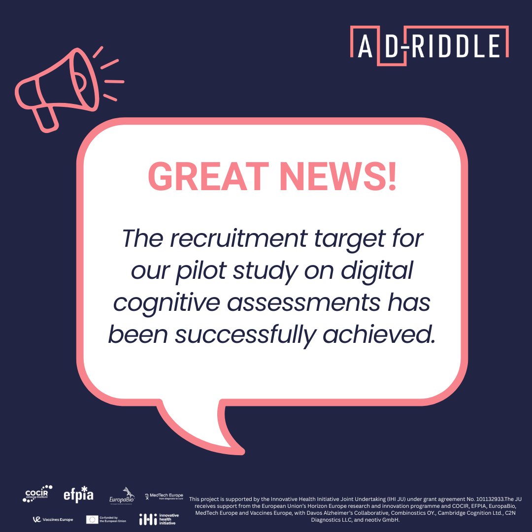 AD_RIDDLE's tweet photo. New milestone! We're proud to announce that the recruitment target for our pilot study on digital cognitive assessments has been successfully reached.

👏A huge thank you to all partners, study teams &amp; participants who made this milestone possible. 

➡️ https://t.co/JxYo5WukHi https://t.co/dE0u5A1HN4