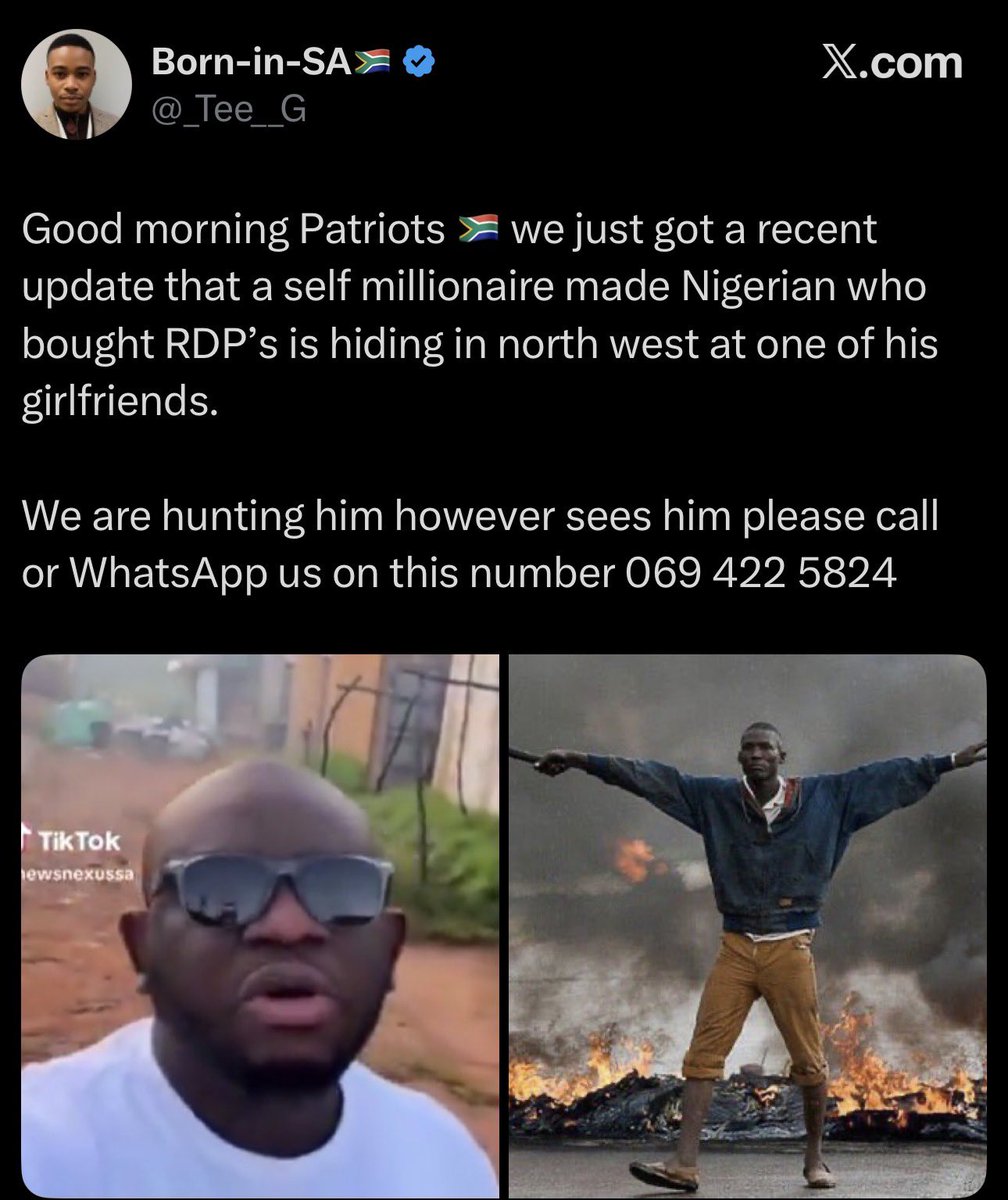 BoseTline's tweet photo. South Africans hunting their fellow African because of jealousy? What’s your opinion https://t.co/28M5hLA714