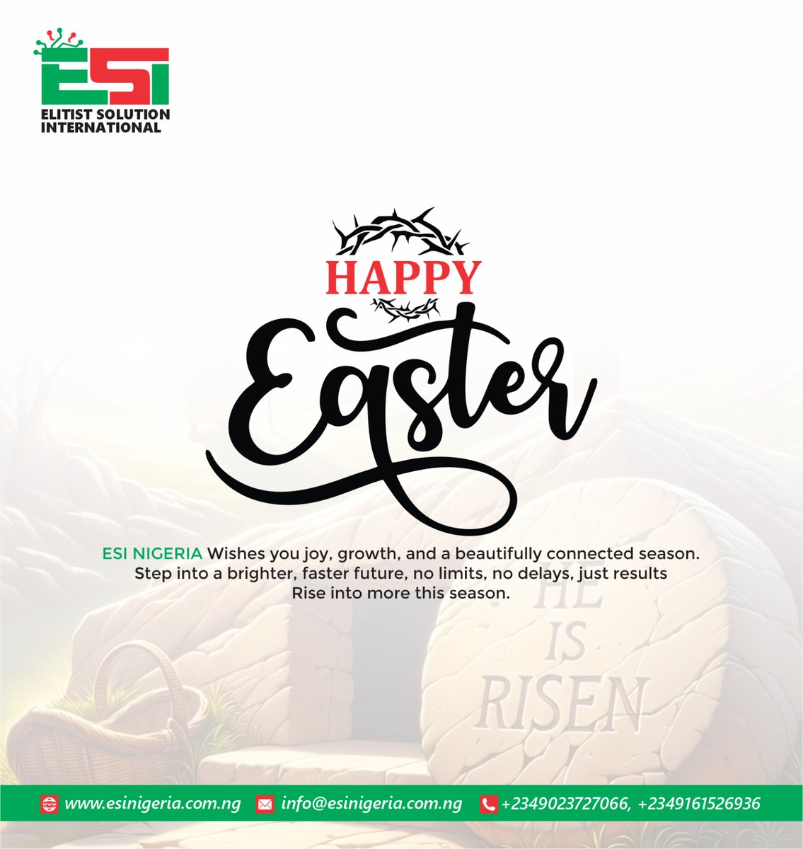 ESI_Elitist's tweet photo. Happy Easter from ESI Nigeria✨✨

#Solar
#WIFI
#EsiNigeria https://t.co/dEXqaJmlB9