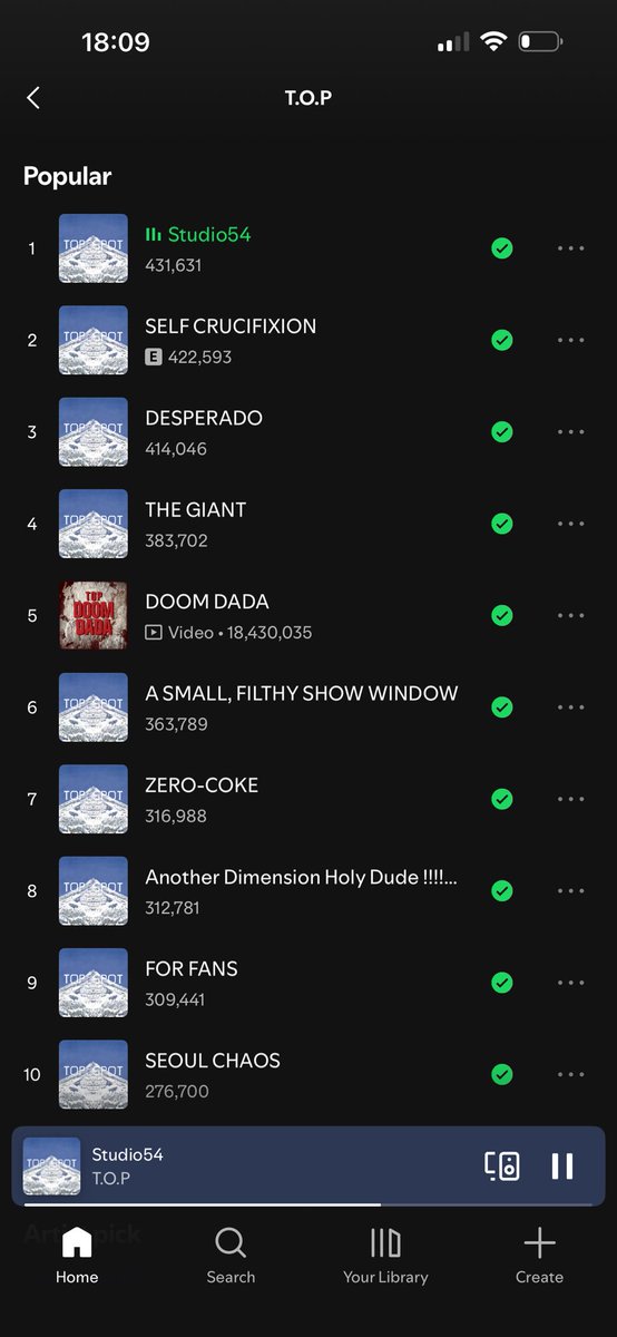 puTOPinamo's tweet image. Studio54 is currently T.O.P’s most popular song on Spotify! 🤩

#TOP #탑 #최승현 #CHOISEUNGHYUN #TTTOP